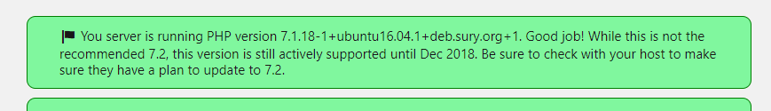 A screenshot of an alert inside the WP Health tool showing the PHP version is 7.1.