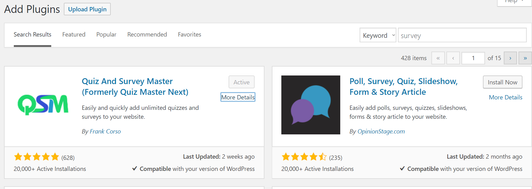 Screenshot of the add new plugin page after searching for survey showing two plugins