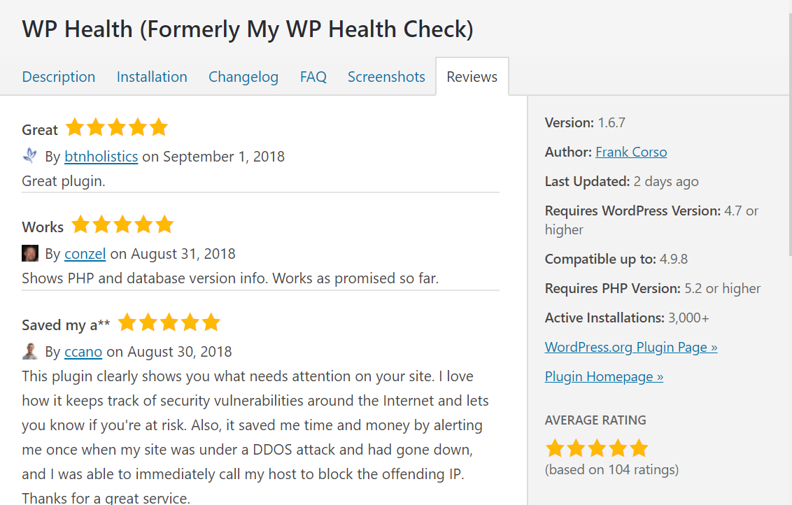Screenshot of the reviews tab in the plugin details popup