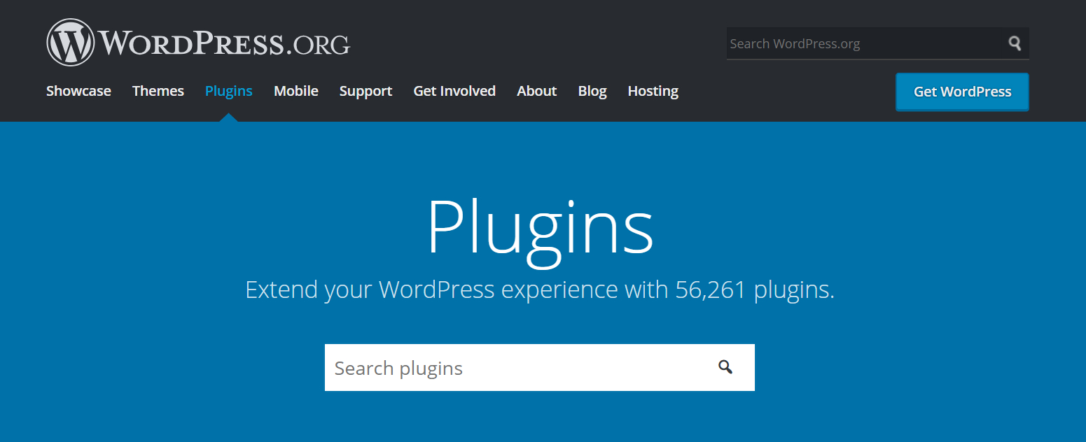 Screenshot of the WordPress.org plugins page showing a header that says "Plugins" and a search box for searching for plugins