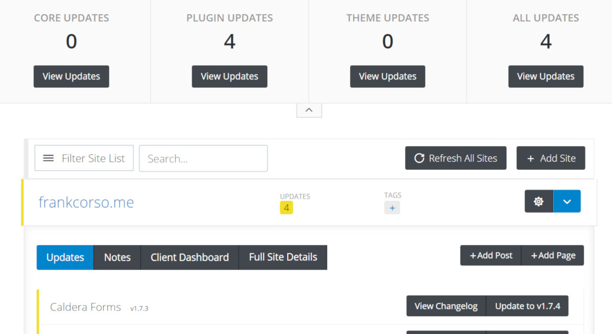 Screenshot of the dashboard in iThemes Sync showing one site that is enabled which has 4 updates listed.