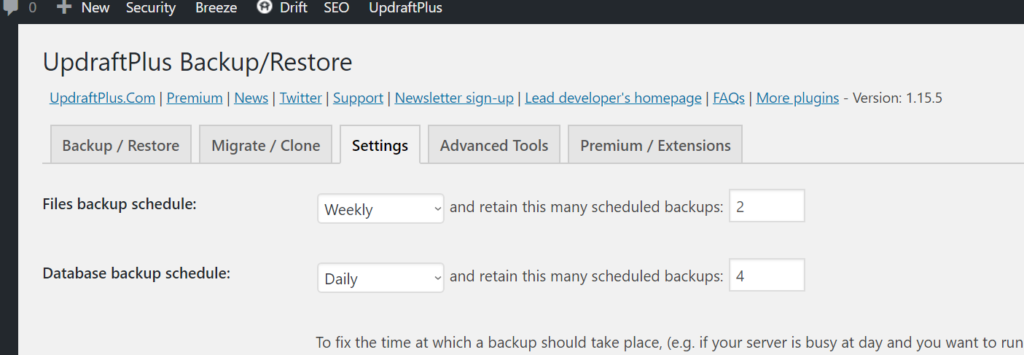Screenshot of Updraft Plus settings with files backup schedule and database backup schedule.