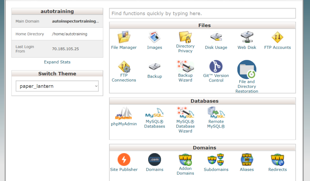 Screenshot of the cPanel interface showing multiple rows of icons including phpMyAdmin