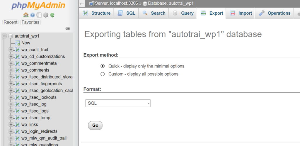 Screenshot of phpMyAdmin interface showing the export tab with export method set to quick and format set to SQL.