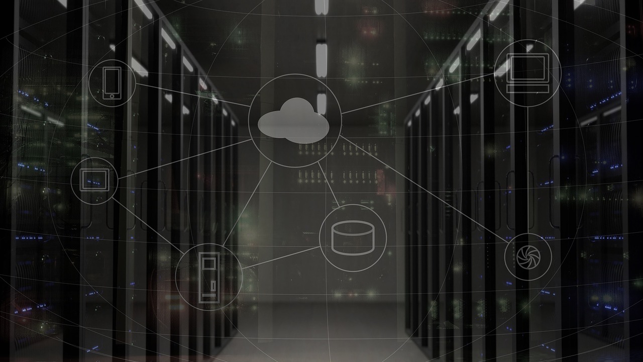 Room of servers with icons layered on top including icons for phone, tablet, and cloud.