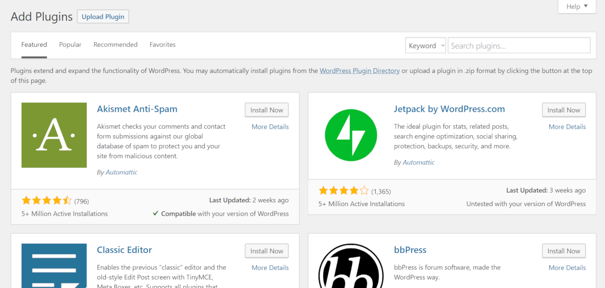 Screenshot of the "Add New" page within the "Plugins" menu show search bar and 4 popular plugins.