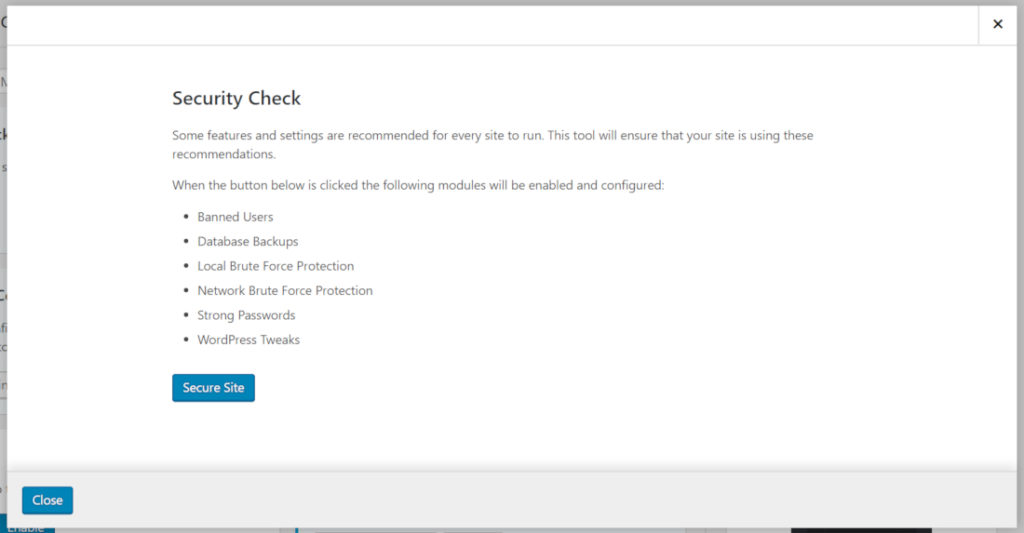 Screenshot of iThemes Security's "Security Check" feature which lists recommended settings with a "Secure Site" button.