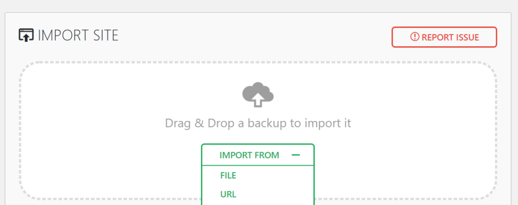 Screenshot of the "Import" page with a heading of "Import Site" and a button that says "Import From".