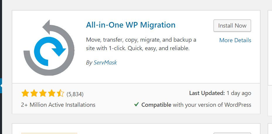 Screenshot showing the "All-in-One WP Migration" plugin listed on the "Add New" page showing 2 million active installations.