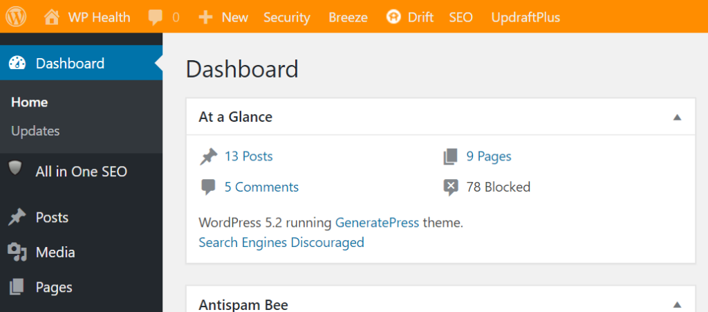 Screenshot of WordPress dashboard when logged into the staging site with the admin bar being orange.