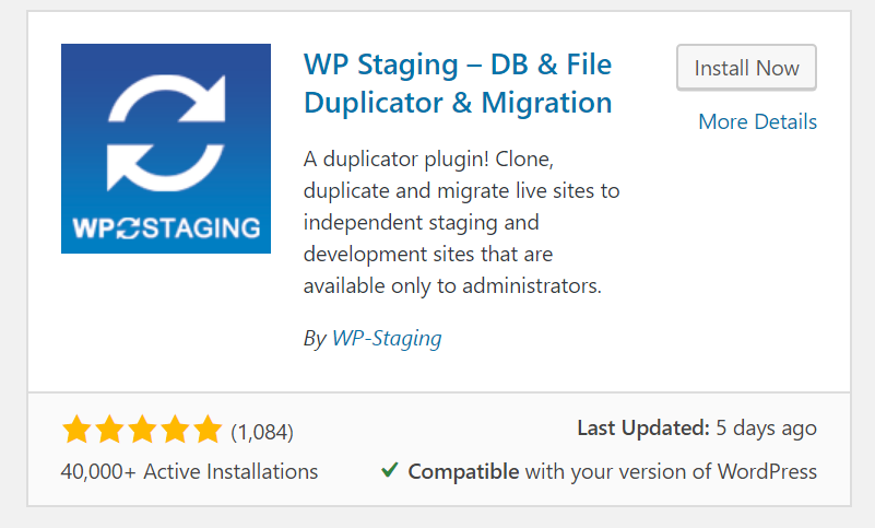 Screenshot of the WP Staging plugin listed in the "Add New" page showing 40,000 active installs and last updated 5 days ago.