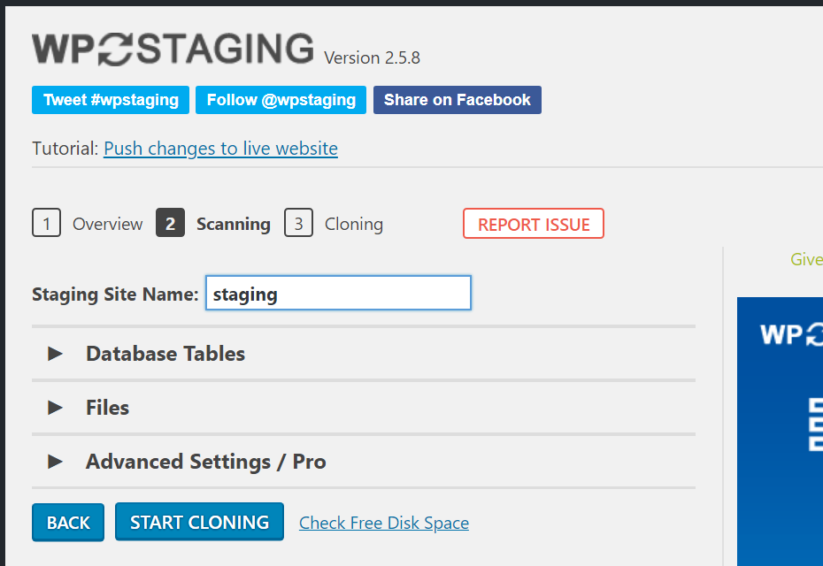 Screenshot of WP Staging page that has a text box with the label "Staging Site Name" and a button that says "Start Cloning".