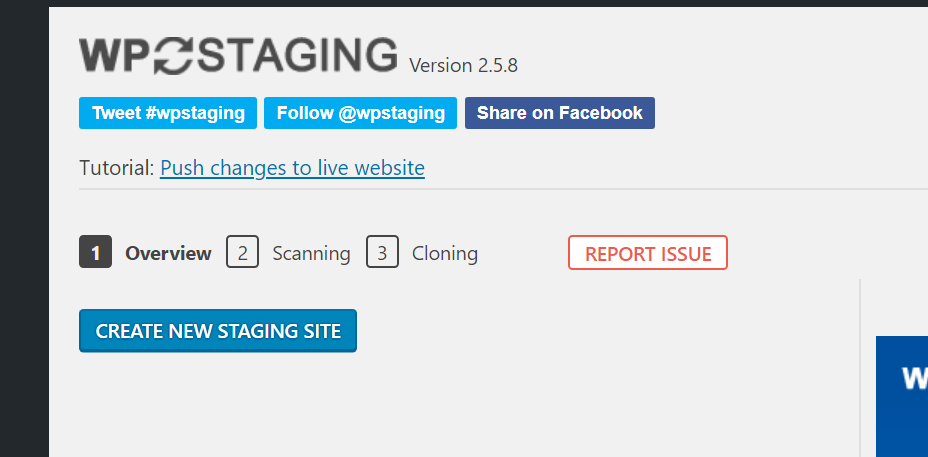 Screenshot of WP Staging start page showing a button that says "Create New Staging Site".