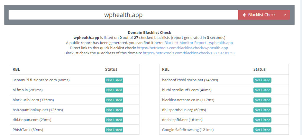 Screenshot of scanning blacklists for wphealth.app. The tool showed 